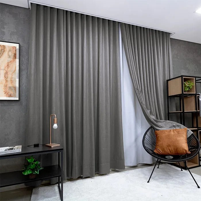 Cortina Gaze de Linho Com Blackout Para Trilho Suiço Simples